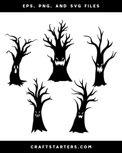 Haunted Tree Silhouette, Scary Tree Silhouette, Creepy Tree Silhouette, Halloween Tree Silhouette, Halloween Silhouettes Templates Free, Halloween Silouette Ideas, Halloween Tree Drawing, Spooky Tree Drawing, Fall Silhouettes