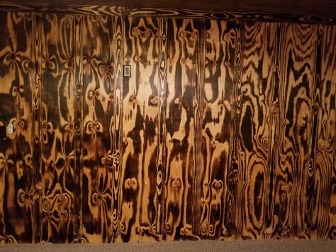 Burnt Plywood Walls, Corrugated Metal Ceiling, Plywood Wall Paneling, Panel Walls, Plywood Walls, Corrugated Metal, Garage Bar, Metal Ceiling, Wood Panel Walls