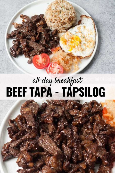 Beef Tapa Recipe Filipino, Beef Tapa, Easy Filipino Recipes, Papaya Recipes, All Day Breakfast, Filipino Breakfast, Garlic Fried Rice, Marinated Beef, Filipino Dishes