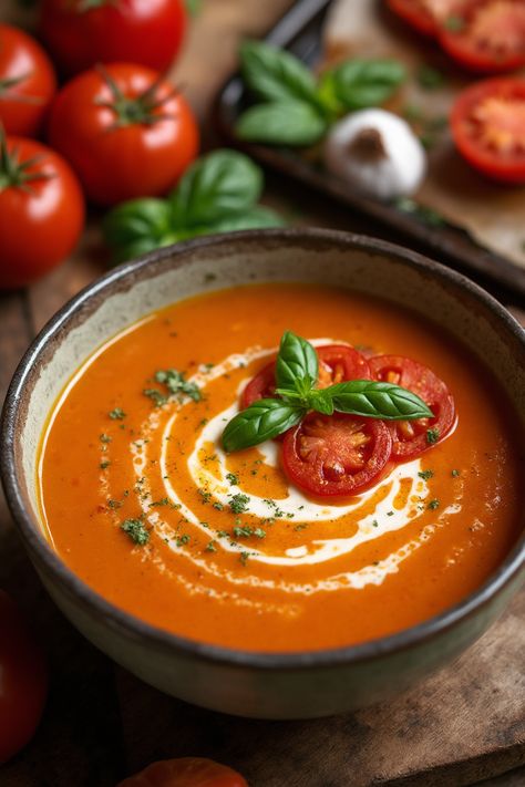 Roasted Tomato Basil Soup Recipe

Ingredients

- 2 lbs ripe tomatoes, quartered
- 1 medium onion, chopped
- 4 cloves garlic, peeled
- 3 tablespoons olive oil
- 1 cup fresh basil leaves
- 4 cups vegetable broth
- Salt and pepper to taste

Instructions

- Preheat oven to 400°F (200°C). Arrange tomatoes, onion, and garlic on a baking sheet, drizzle with olive oil, and season with salt and pepper.
- Roast in the preheated oven for about 30-35 minutes, until the tomatoes are soft and caramelized.
- Full Recipe on... Tomato Basil Soup Dutch Oven, Roasted Tomato Recipes, Roasted Heirloom Tomatoes, Basil Soup Recipe, Tomato Basil Soup Recipe, Roasted Tomato Basil Soup, Roasted Tomato Soup, Basil Soup, Baked Tomatoes