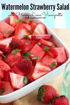 Watermelon Strawberry Salad with Honey Lime Vinaigrette Watermelon Strawberry Salad, Salad Strawberry, Honey Lime Vinaigrette, Lime Salad, Easy Fruit Salad Recipes, Strawberry Vinaigrette, Food Korean, Watermelon Strawberry, Fruit Salad Easy