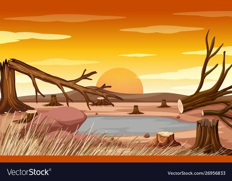 Deforestation Drawing Easy, Deforestation Painting, Drought Drawing, Drought Illustration, Deforestation Illustration, Deforestation Drawing, Learning Illustration, Sunset Vector, Inca Art