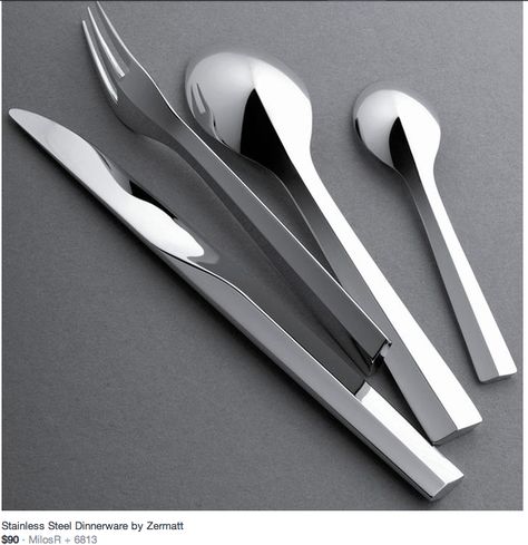 Really like this futuristic cutlery design. Whitedoveinc.com Cutlery Design, Vase Deco, Pottery Design, Tableware Design, Cutlery Sets, Stainless Steel Flatware, Forks And Spoons, Zermatt, Art Table