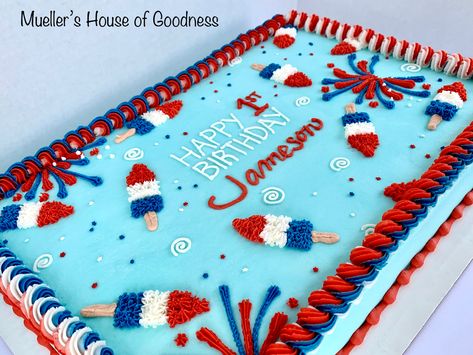 Forth Of July Cakes Decorating, Memorial Day Sheet Cake Ideas, 4th Of July Cookie Cake Rectangle, Fourth Of July Sheet Cake, 4th Of July Bday Cake, American Flag Sheet Cake, Red White And Blue Sheet Cake, Firecracker Birthday Cake, 4th Of July Cake Designs