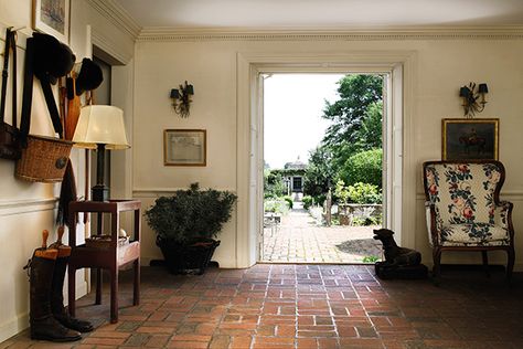 Oak Spring Farm Estate, Virginia. Photo Credit: Courtesy of Sotheby's. An entry way. Bunny Mellon, Manhattan Apartment, Estate Garden, Brick Flooring, Entry Hall, Entry Foyer, Carpet Flooring, Garden Room, Interior Inspiration