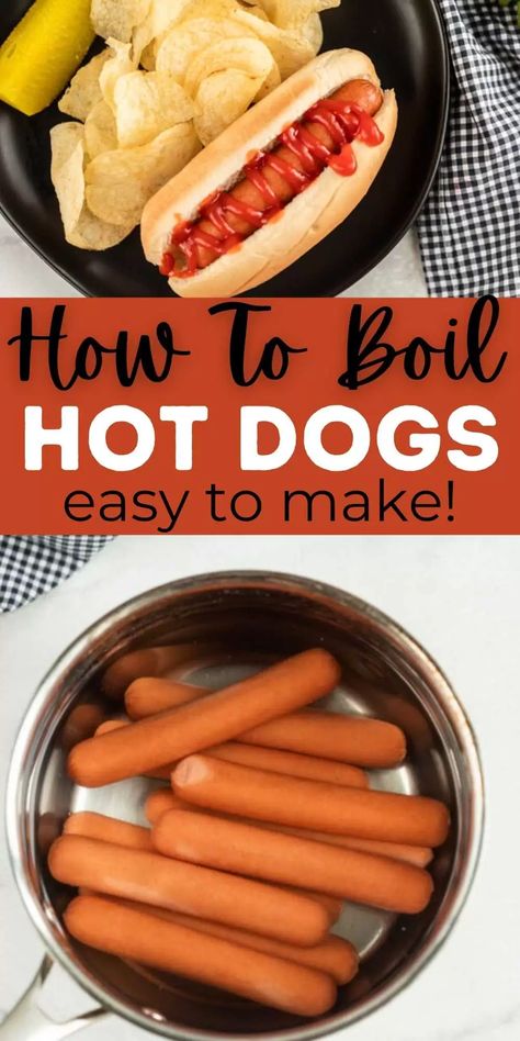 Learn how to boil hot dogs in just minutes. Learn how to a boil hot dogs on the stove top to make an easy and kid-friendly lunch idea or dinner ideas that is super easy to make too! #eatingonadime #hotdogs #boilinghotdogs #howto #lunch #lunchideas #easylunchideas #easylunches #kidslunchideas How To Boil Hot Dogs On Stove, Boiled Hot Dogs Recipes, How To Cook Hot Dogs On The Stove, Eating On A Dime Recipes, Boil Hot Dogs, Broiled Hot Dogs, Boiled Hot Dogs, Chili Cheese Hot Dog, Slaw Dog