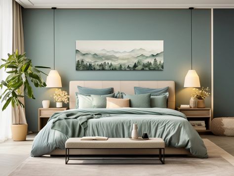 Sage Green Watercolor Over Bed Wall Art Mountains Lake Long Horizontal Painting Canvas PRINT, Minimalist Bedroom Wall Decor Ready to Hang - Etsy UK Minimalist Bedroom Wall Decor, Long Horizontal Painting, Bedroom Prints Above Bed, Over Bed Wall Art, Sage Green Forest, Pictures Above Bed, Sage Green Watercolor, Wall Art Mountains, Bed Wall Art