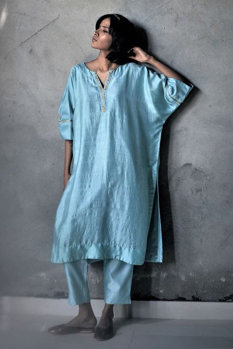 Buy Shorshe Clothing Blue Silk Kaftan Kurta And Chanderi Pant Set Online | Aza Fashions Pakistani Kaftan Suits, Kaftan Kurta Design, Kaftan Kurta Set, Kaftan Pants, Kaftan Patterns, Shorshe Clothing, Shirt Stitching, Royal Wardrobe, Kaftan Design