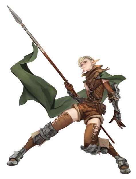 Ranger Dnd Spear Character, Spear Warrior Art, Shield And Spear Poses, Dnd Spear Fighter, Halberd Pose Reference, Spear Character Design, Lancer Character Design, Polearm Character Art, Jrpg Concept Art