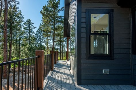 Diamond Kote Graphite Siding, Diamond Kote Siding Colors, Diamond Kote Siding, Homes With Wrap Around Porches, Engineered Wood Siding, Modern Exteriors, Black Exterior Doors, Siding Repair, Steel Siding