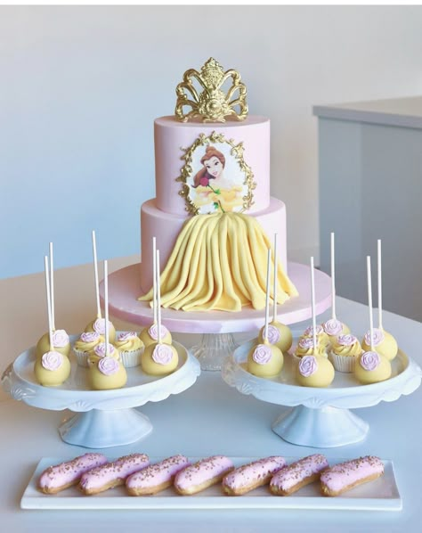 Princess Belle Party Decorations, Belle Birthday Cake, Princess Belle Cake, Beauty And The Beast Cake Birthdays, Princess Belle Party, Princess Theme Cake, Belle Birthday Party, Care Bears Birthday Party, Beauty And Beast Birthday