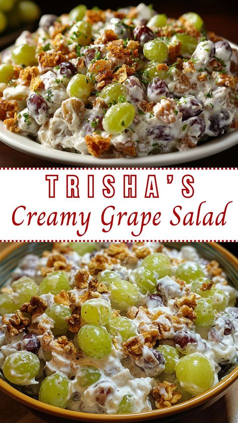 Appetizers, Sauces And Dips: Trisha’s Creamy Grape Salad Trisha Yearwood Grape Salad, Fruit Salad With Grapes, Grape Salad Recipe With Cool Whip, Fruit Dishes For Parties, Grape Recipes Ideas, Waldorf Salad Recipe Healthy, Fruit Salads For Parties, Grape Salad With Cream Cheese, Recipes With Grapes