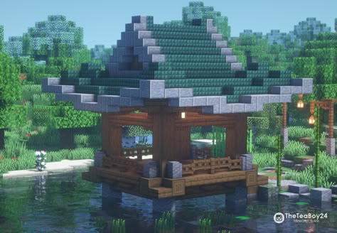 A small Japanese Terrace on water for warm summer days ^^. Minecraft Japanese House On Water, Minecraft Japanese Boat House, Minecraft Town On Water, Japanese Fishing Dock Minecraft, Japanese Enchanting Room Minecraft, Small Japanese Building Minecraft, Water Houses Minecraft, Minecraft Asian Roof, House On Water Minecraft