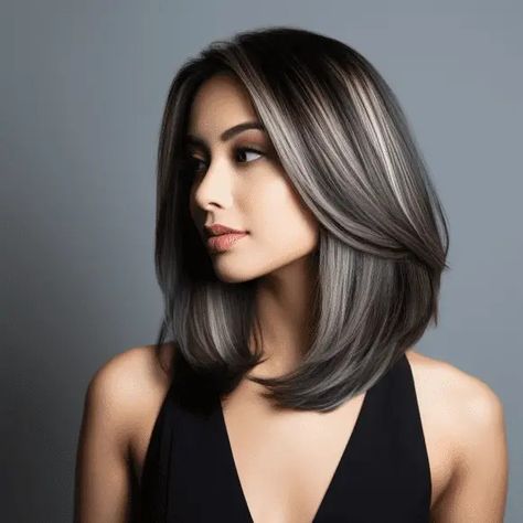 Hair Lowlights, Brown Hair With Silver Highlights, Dark Brown Hair With Highlights, Gray Blending, Silver Hair Highlights, Highlights For Dark Brown Hair, Hairstyles Braid, Grey Hair Transformation, Grey Highlights