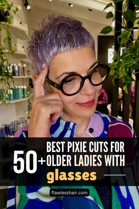 Funky Colored Pixie Cut For Older Ladies With Glasses Pixie Haircut Color, Pixie Cut Color, Funky Pixie Cut, Funky Haircuts, Pixie Hair Color, Bangs Cut, Messy Pixie Haircut, Pixie Haircut Fine Hair, Hairstyles Layered