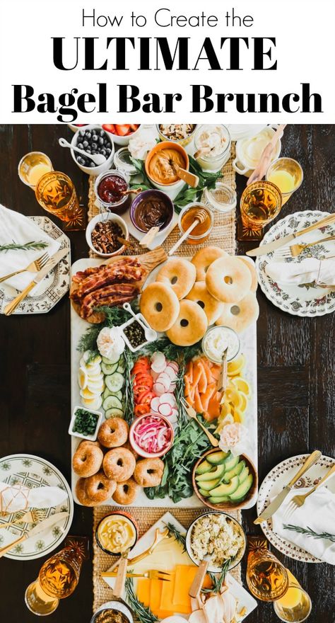 This is the ultimate bagel bar for hosting brunch. Get our printable list of toppings and ideas that span breakfast and lunch options. Use this to plan your next brunch party! Bagel Bar Brunch, Bagel Bar, Bagel Toppings, Hosting Brunch, Brunch Bar, Lunch Party, Best Bagels, Breakfast Bagel, Baby Shower Brunch