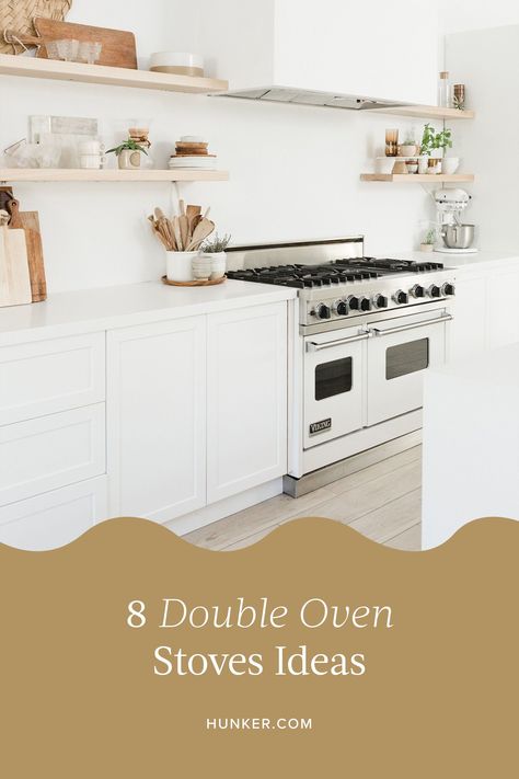 If a double oven stove sounds like a must-have in the gourmet kitchen of your dreams, read on for our eight picks. #hunkerhome #oven #doubleoven #doubleovenideas #doubleoveninspo Wall Oven Vs Range, Double Oven Range Kitchen Layout, Double Oven In Small Kitchen, Large Stove And Oven, Viking Stove Kitchen Double Ovens, Double Oven Kitchen Layout, Double Oven Stove, Samsung Oven, Double Oven Kitchen