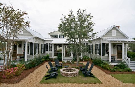 Love the concept of two adjoining cabins with a screened porch inbetween. I'd want a living/kitchen room in the front with a bed/bath combo in the back. from Our Town Plans Living Room Floor Plans, Tiny House Village, Building A Porch, Hm Home, Duplex House Plans, Living Kitchen, Guest Cottage, Duplex House, House With Porch