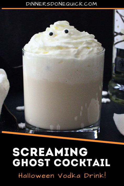 Get into the Halloween spirit with this Screaming Ghost Cocktail! A creamy and spooky vodka drink that's perfect for any Halloween celebration. With its whipped cream "ghost" topping and fun candy eyes, it's as festive as it is delicious. Easy to make and a hit at Halloween parties, this cocktail will have your guests screaming for more! 🎃🍸 #GhostCocktail #HalloweenVodkaDrink #SpookyCocktails #HalloweenParty #VodkaCocktails Ghost Themed Cocktails, Creamy Halloween Cocktails, Drunk Ghost Cocktail, Boozy Whipped Cream, Halloween Ghost Shots, Drunk Ghost Drink, Whipped Cream Vodka Recipes Cocktails, Vodka Halloween Drinks, Ghost Martini