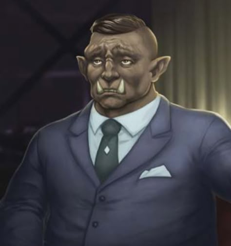 shadowrun; male; ork; suit "Gary Cline" Orc In A Suit, Shadowrun Orc, Pit Fiend, Half-orc Male, Tusk Love, Modern Dnd, Dnd Orc, Shadowrun Characters, City Of Ashes