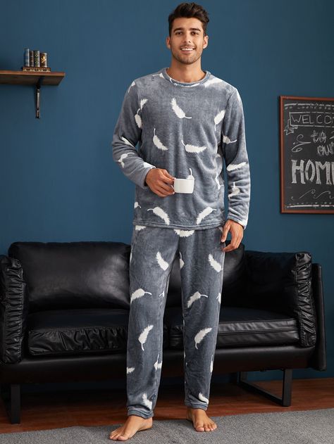 Grey  Collar Long Sleeve  Tribal Pajama Sets Embellished Medium Stretch  Men Underwear & Loungewear Pijama Soft, Cute Loungewear Sets, Men Nightwear, Stylish Pajamas, Men Loungewear, Mens Nightwear, Party Fits, Cozy Pajamas, Night Suit