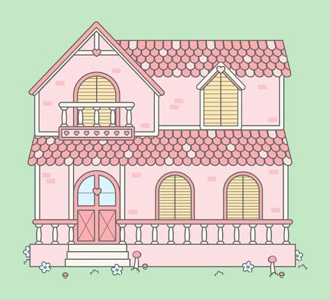 Hello Kitty House Drawing, Barbie House Drawing, Kawaii House Drawing, Cute Home Drawing, House Cute Drawing, Paper Doll Home, Doll House Illustration, Doll House Drawing, Diy Paper Doll House