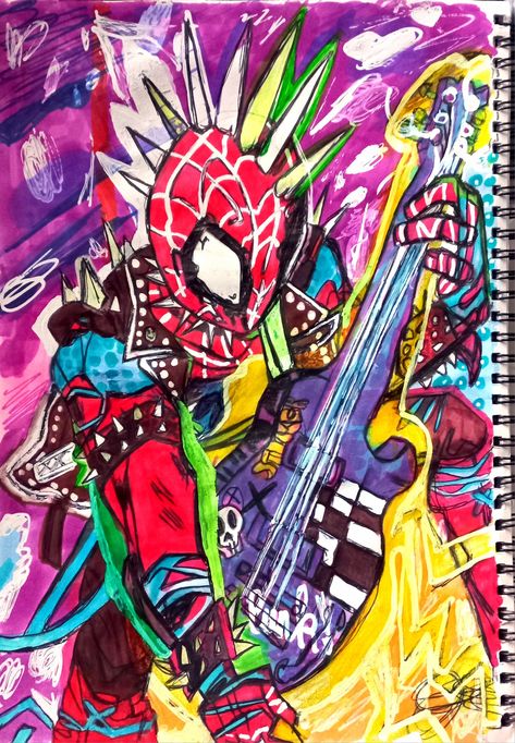 Spider Punk Art Style, Spider Punk Design, Spider Punk Official Art, Spider Punk Collage, Punk Rock Spiderman, Spider Punk Guitar, Spider Punk Reference, Spider Punk Tattoo, Spider Punk Poster