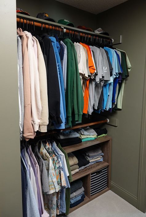 Boys closet makeover Men’s Closet Organize, Boys Closet Ideas, Mens Closet Ideas, Couples Closet Organization, How To Organize Clothes, Men’s Closet, Boys Closet Organization Ideas, Teen Boy Closet, Easy Closet Makeover