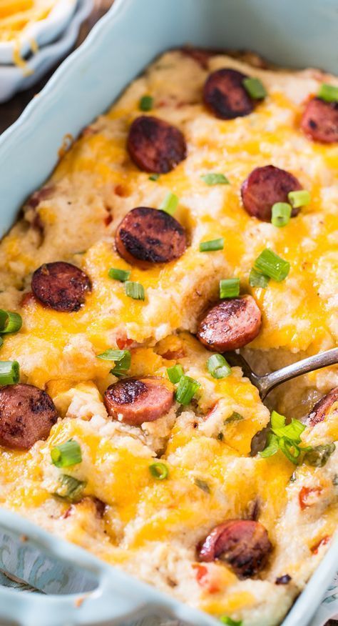 Cheesy Grits Casserole with Smoked Sausage Grits Dinner, Casserole With Smoked Sausage, Cheesy Grits Casserole, Grits Casserole, Cheesy Grits, Grits Recipe, Smoked Sausage, Breakfast Brunch Recipes, Breakfast Time