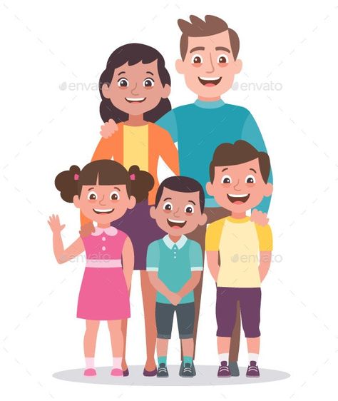 Family portrait. Parents with a girl and two boys. Family Picture Cartoon, Family Picture Drawing, Sisters Drawing, Happy Fathers Day Greetings, Father And Baby, Cute Bunny Cartoon, Happy Birthday Wishes Cards, Boy Illustration, Family Drawing