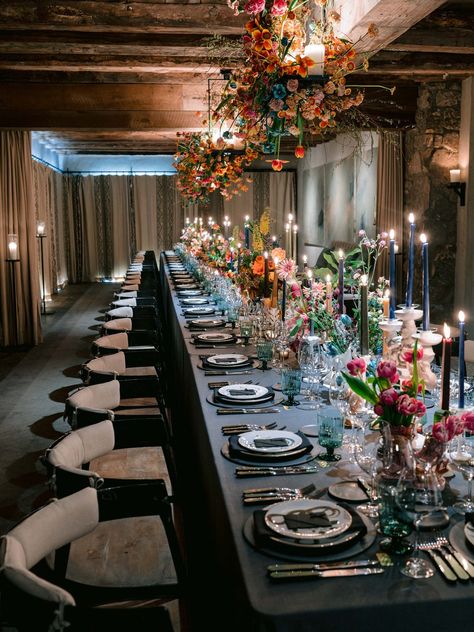 Blackberry Farm Rehearsal Dinner — Wedding Planner in Napa California | Bustle Events Black Tablecloth Wedding, Indoor Wedding Reception Decor, Blackberry Farms Wedding, Beaulieu Garden Wedding, Linens For Wedding, Black Tablecloths, Moody Eclectic, Moody Wedding Decor, Wedding Decor Luxury