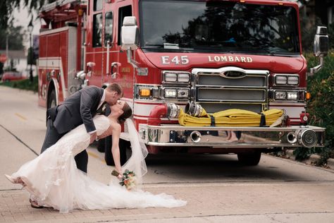 Firefighter Couple Pictures, Firefighter Wedding Photos, Fire Department Wedding, Firefighter Engagement Pictures, Nurse Wedding, Firefighter Couple, Fireman Wedding, Firefighter Engagement, Firefighter Wedding