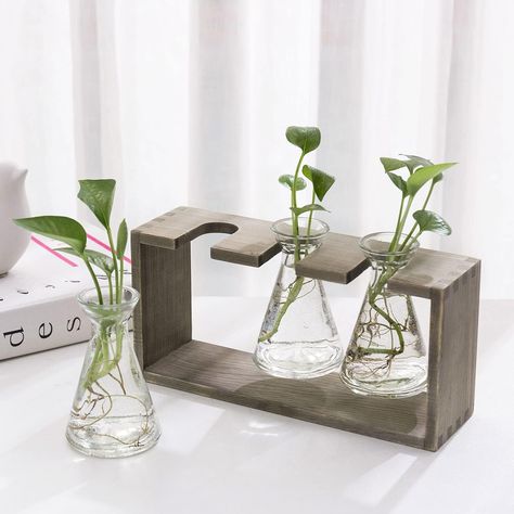 #clearglass #homedecor #decor #wood #vases #beaker Centerpiece Ideas For Dining Room Table, Boho Centerpiece, Plant Centerpieces, Table Centerpiece Flower, Pot Diy, Boho Crafts, Dining Room Table Centerpieces, Leaf Vase, Plant Pot Diy