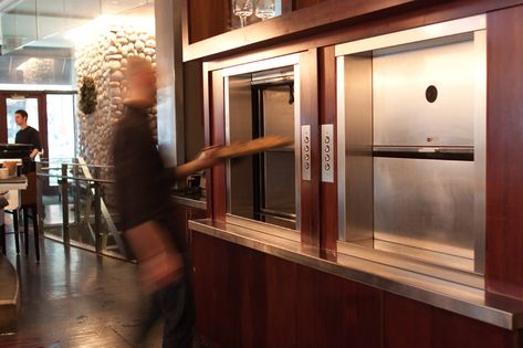 Matot Medium Duty Dumbwaiters are available in multiple size configurations & equally suited for light or heavy loads with a lift distance up to 50 feet. #dumbwaiters Dumbwaiter Design, Dumbwaiter Lift, Lift Design Elevator, Home Lift Elevator Design Modern, Lifts Elevator Home, Clean Rooms, Open Lift Elevator, Key Locks, Sushi Restaurant