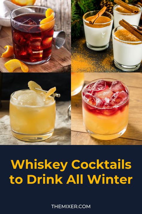 Freezing cold days call for a drink that can stand up to even the most blustery winds, and that drink is whiskey. From the classic Whiskey Sour to a festive Eggnog, our selection of Whiskey Cocktails serves up all the warm snuggly feels we love about winter. Winter Whiskey Sour, Winter Jack Daniels Recipes, Whiskey Winter Cocktails, Winter Whiskey Cocktails, Jameson Whiskey Drinks, Winter Drinks Alcoholic, Apple Cider Whiskey, Whiskey Sour Recipe, Best Whiskey