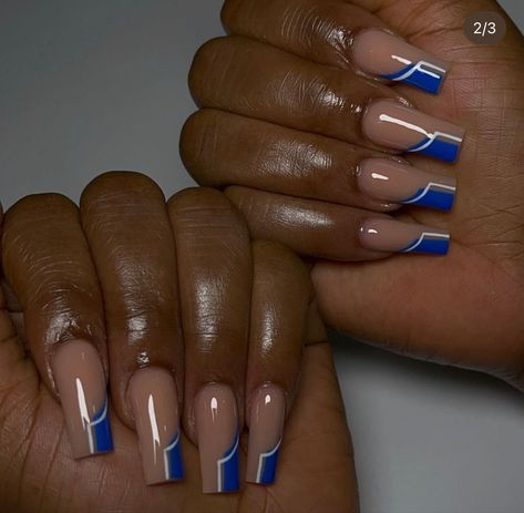 Royal Blue And Black Nails, Royal Blue And Gold Nails, Dark Blue French Tip Nails, Black And Blue Nails, Blue And Silver Nails, Blue Coffin Nails, 23rd Birthday, Short Nail, Round Nails