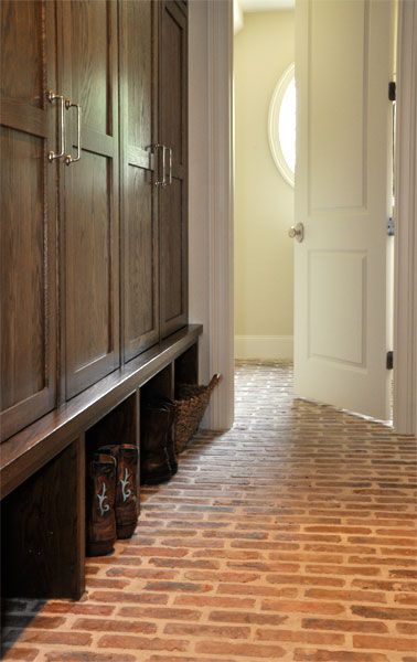 Brick Floors Mudroom, Mudroom Paint, Built In Cubbies, Brick Floors, Country Laundry Rooms, Built In Lockers, Chicago Brick, Mudroom Cabinets, Mud Room Entry