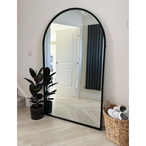 Black Framed Wall Mirror, Black Mirror Hallway, Big Full Length Mirror, Landing Mirror Ideas, Mirror Hallway Entrance, Arch Mirror Hallway, Big Mirror Entryway, Full Length Mirror Hallway, Landing Mirror