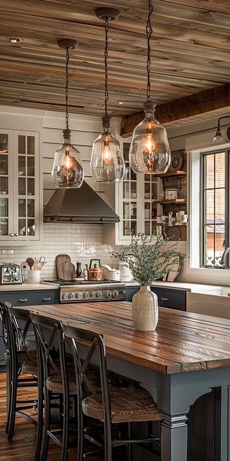 Farmhouse Kitchen Lighting, Cabin Kitchens, Design Your Kitchen, Cozy Kitchen, Farmhouse Dining Room, Kitchen Redo, Kitchen Remodel Idea, Kitchen Layout, Beautiful Kitchens