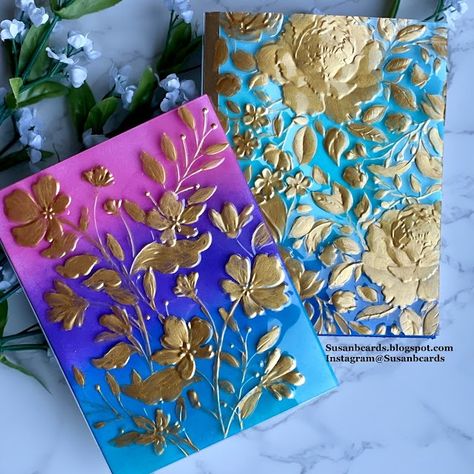 Susanbcards: Acetate Cards and 3D Embossing Folders! 3d Embossing Folders, Acetate Cards, Stazon Ink, Gold Acrylic Paint, Orange Glitter, Embossed Cards, 3d Cards, Distress Oxide Ink, A2 Size