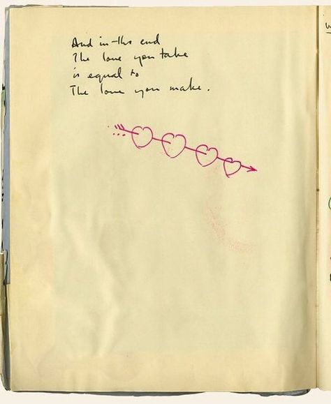 Jerry Saltz on Instagram: “Paul McCartney's Lyrics book - of the last songs the Beatles recorded. Four hearts linked by arrow. I watched Disney’s “Get Back.” It’s�…” Beatles Lyrics Tattoo, Beatles Silhouette, Beatles Tattoo, Beatles Lyrics, Lyrics Tattoo, Lyric Tattoos, Lennon And Mccartney, Beatles Art, The Last Song