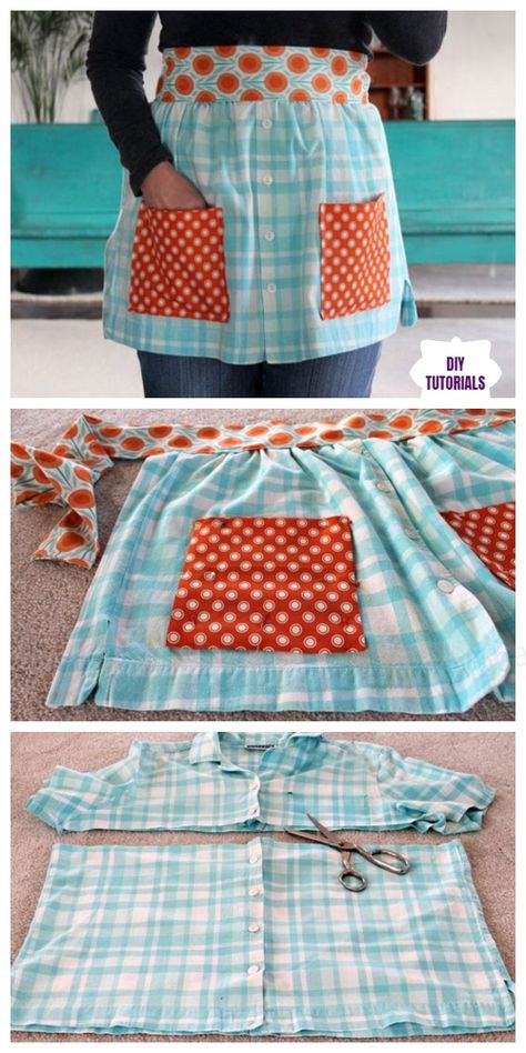 DIY Repurposed Apron From Shirts Free Sew Patterns & Tutorials Diy Aprons, Shirt Apron, Memory Ideas, Happy Homemaking, Diy Apron, Sewing Creations, Clothing Upcycle, Sew Patterns, Apron Sewing Pattern