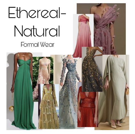 A collage of Ethereal-Natural essence inspiration for formal wear. Natural Romantic Ethereal, Ethereal Natural Classic, Classic Natural Essence, Natural Ethereal Essence, Ethereal Essence Outfits, Ethereal Casual Outfit, Essence Types, Angelic Essence, Style Essence