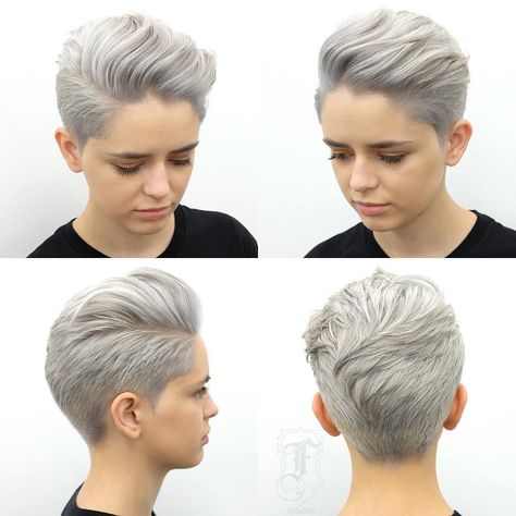 Silver Pompadour Hairstyle Asymmetrical Pixie Haircut, Choppy Pixie, Choppy Pixie Cut, Tomboy Hairstyles, Pompadour Hairstyle, Edgy Pixie Cuts, Hair To One Side, Short Grey Hair, Pixie Hair