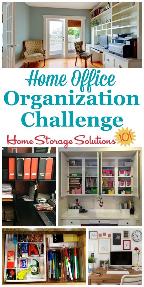 Step by step instructions for home office organization, including organizing home office supplies, desk area, cords, equipment and more {a #52WeekOrganizedHomeChallenge on Home Storage Solutions 101} #HomeOfficeOrganization #OrganizeHomeOffice Organizing Home Office, Organization Challenge, Office Organization Tips, Home Office Supplies, Organizing Home, Office Storage Solutions, Apartment Storage, Organizing Challenges, Organizing Paperwork