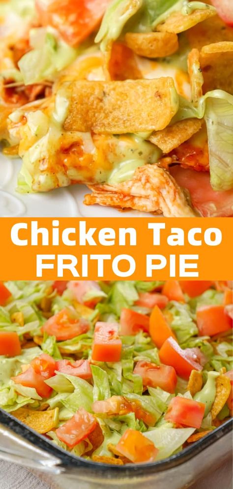 Chicken Taco Frito Pie is an easy weeknight dinner recipe made with shredded chicken tossed in salsa, taco seasoning and chili sauce and topped with cheese, Fritos corn chips, avocado dip, shredded lettuce and diced tomatoes. Frito Recipe, Frito Pie Recipe, Chicken Taco Casserole, Cheesy Chicken Casserole, Fritos Corn Chips, Chicken Tacos Easy, Yummy Casserole Recipes, Baked Chicken Tacos, Frito Pie