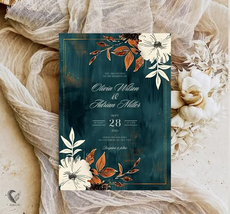 This invitation is a perfect blend of elegance and rustic charm, designed to set the tone for your special day. Featuring a luxurious dark teal background accented with copper and rust floral elements, this invitation is ideal for autumn weddings and boho-themed celebrations. TRY BEFORE YOU PURCHASE Copy the link and paste it into your browser. DEMO Link: https://www.canva.com/design/DAGHpBbf-Tc/zWe9o9QUuFtE-MLU6I_3HA/view?utm_content=DAGHpBbf-Tc&utm_campaign=designshare&utm_medium=link&utm_sour Teal And Copper Wedding Invitations, Copper Wedding Invites, Teal Autumn Wedding, August Wedding Invitations, Rust Wedding Theme, Teal And Copper, Copper And Teal Wedding, Rustic Wedding Invites, Teal And Copper Wedding