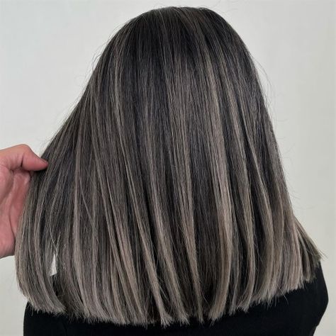 Gray Brown Highlights on Straight Black Hair Black With Gray Hair, Brown Grey Hair Balayage, Gray Babylights On Brown Hair, Short Straight Hair With Highlights, Top Hair Highlights, Ash Grey Highlights On Brown Hair, Gray Highlights Hair, Highlights Ash Gray, Highlighted Straight Hair