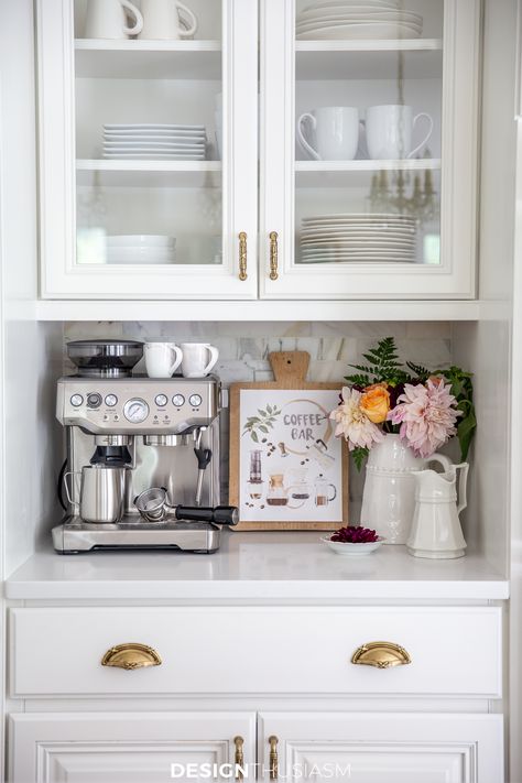 Modern French Country Kitchen, Small Buffet Table, Kitchen Coffee Station, Coffee Station Kitchen, French Farmhouse Kitchen, Country Interior Design, French Farmhouse Decor, Comfortable Kitchen, Coffee Bars In Kitchen