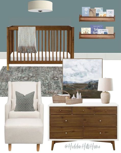 A gender neutral nursery featuring a deep teal blue accent wall with a chestnut wood toned crib and dresser Dark Trim Nursery, Brown Furniture Nursery, Nursery Ideas Walnut Crib, Nursery With Walnut Furniture, Dark Wood Nursery Furniture, Mismatched Nursery Furniture, Mid Century Modern Nursery Boy, Brown Crib Nursery Boy, Gender Neutral Nursery Mood Board